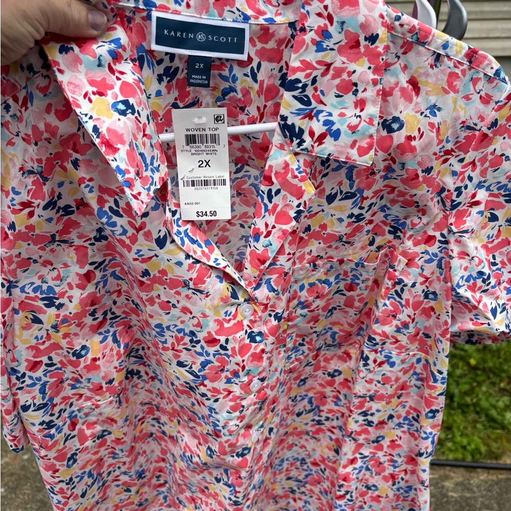 Karen Scott Pink and Blue Casual Button Down Shirt